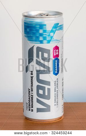 Pruszcz Gdanski, Poland - June 9, 2019: Verva Drink With Melon And Green Apple Flavored Drink. Verva