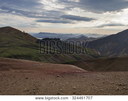 Colorful Rhyolit Rainbow Mountain Panorma With Multicolored Volcanos. Sunrise In Landmannalaugar At 