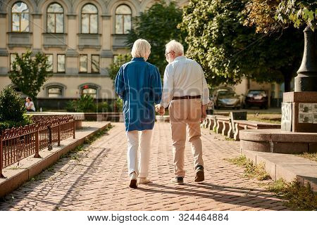 Back View Of Elderly Couple Holding Hands While Walking Together Outdoors