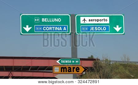 Crossroad On The Italian Highway To Venice Belluno And More Cities And To Mare That Means Sea In Ita