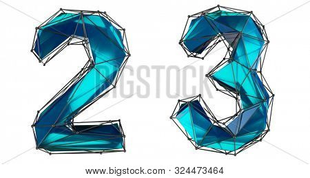 Number set 2, 3 made of realistic 3d render blue color. Collection of low polly style symbol isolated on white background