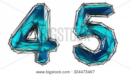Number set 4, 5 made of realistic 3d render blue color. Collection of low polly style symbol isolated on white background