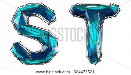 Letter set S, T made of realistic 3d render blue color. Collection of low polly style alphabet isolated on white background