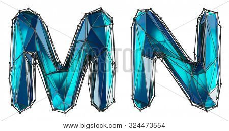 Letter set M, N made of realistic 3d render blue color. Collection of low polly style alphabet isolated on white background