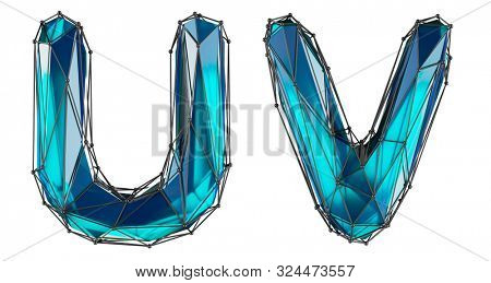 Letter set U, V made of realistic 3d render blue color. Collection of low polly style alphabet isolated on white background