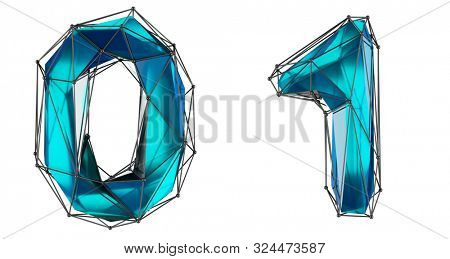 Number set 0, 1 made of realistic 3d render blue color. Collection of low polly style symbol isolated on white background