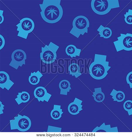 Blue Silhouette Of Male Head In Profile With Marijuana Or Cannabis Leaf Icon Isolated Seamless Patte