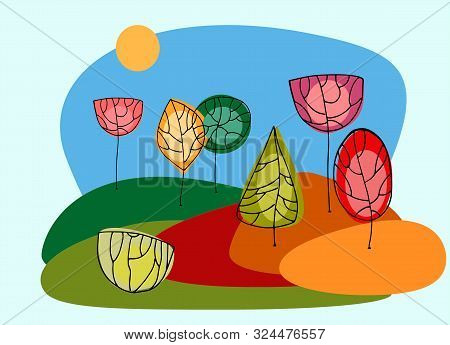 Autumn Seasonal Illustration. Cartoon Landscape With Trees Styled To Look Like Autumn Leaves