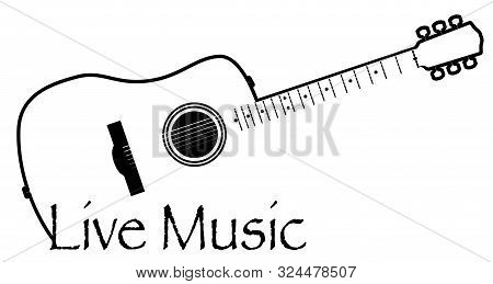 A Typical Acoustic Guitar With Live Music Text Isolated Over A White Background