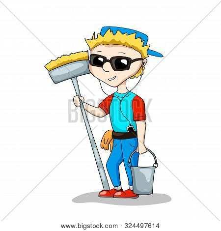 Hipster Cleaner Boy With Music Player, Broom And Basket. Young Cleaner Vector Character On White Bac