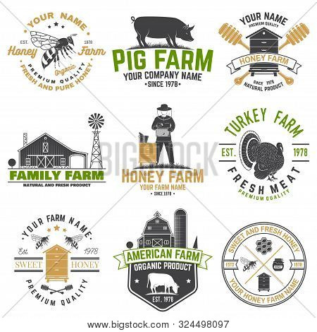 American Farm And Honey Bee Farm Badge Or Label. Vector. Vintage Typography Design With Bee, Honeyco