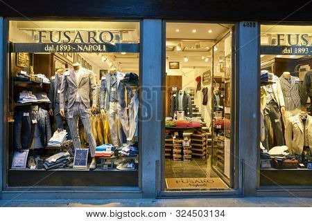 VENICE, ITALY - CIRCA MAY, 2019: storefront of Fusaro shop in Venice.