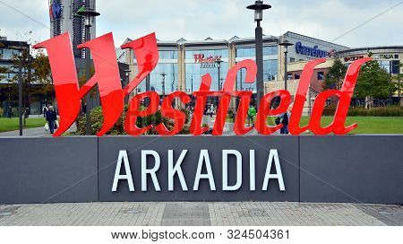 Warsaw, Poland. 27 September 2019. Sign Westfield Arkadia. Company Signboard Westfield Arkadia.