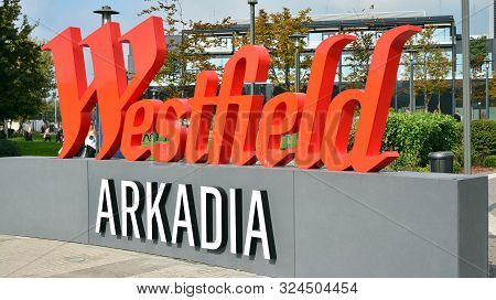 Warsaw, Poland. 27 September 2019. Sign Westfield Arkadia. Company Signboard Westfield Arkadia.