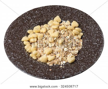 Healthy Breakfast On A Brown With Murble Crumb Plate Isolated On White Background.muesli With Cornfl