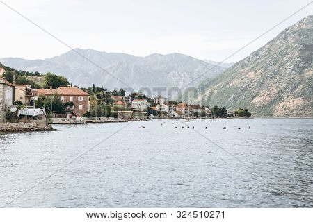 Boko Kotor Bay. Beautiful Sea And Mountain Views Of The Natural Landscape And Coastal City In Monten