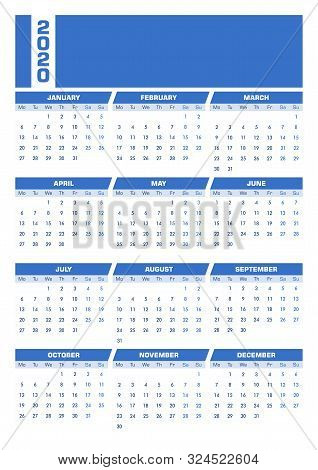 Blue 2020 English Calendar. Printable Portrait Version. Starts On Monday