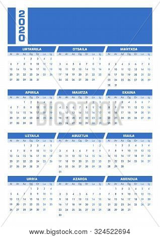 Blue 2020 Basque Calendar. Printable Portrait Version