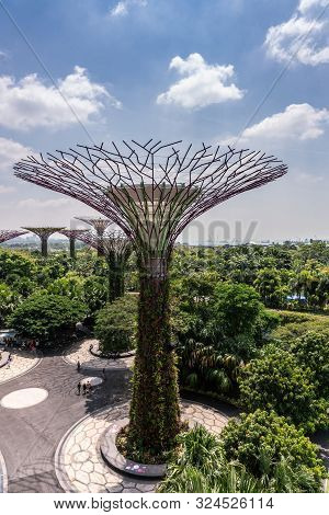 Singapore - March 22, 2019: Gardens By The Bay, Supertree Grove. Portrait Of Line Of Supertrees In G