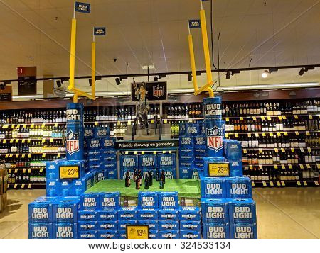 Honolulu - September 16, 2018:  Bud Light Football Display Inside Wine Section Of Safeway.