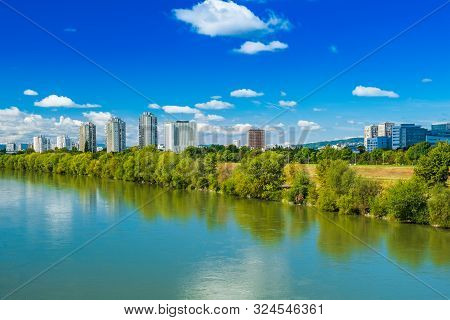 Croatia, City Of Zagreb, Surface Of The Sava River And Modern Towers Skyline In Autumn Day