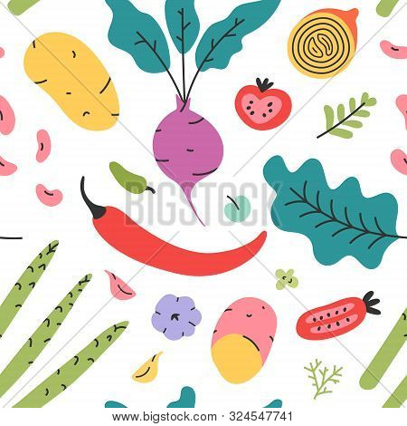 Vegetable Reapet Seamless Vector Pattern Of Hand Drawn Fresh Tasty Vegetarian Raw Food. Wallpaper Wi