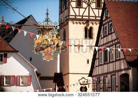 Germany, Baden Wurttemberg, Niederstetten. September 2019. Traditional Autumnal Harvest Fest. Signbo