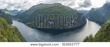 Panorama Of Geirangerfjord In Sunnmore Region, Norway, One Of The Most Beautiful Fjords In The World