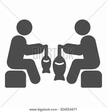 Two Fishemen Solid Icon. Fishing Sport Vector Illustration Isolated On White. Fisherman Competition 