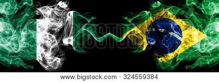 Nigeria Vs Brazil, Brazilian Abstract Smoky Mystic Flags Placed Side By Side. Thick Colored Silky Sm