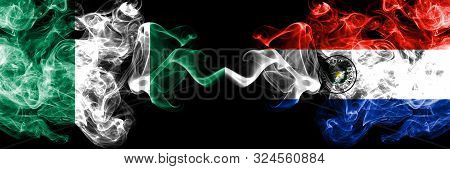Nigeria Vs Paraguay, Paraguayan Abstract Smoky Mystic Flags Placed Side By Side. Thick Colored Silky