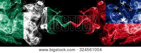 Nigeria Vs Samoa, Samoan Abstract Smoky Mystic Flags Placed Side By Side. Thick Colored Silky Smoke 