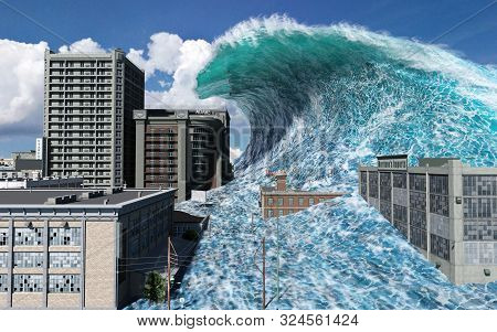 Tsunami Wave Apocalyptic Water View Urban Flood Storm. 3d Illustration