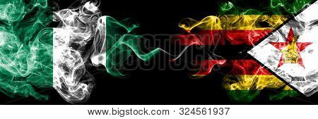 Nigeria Vs Zimbabwe, Zimbabwean Abstract Smoky Mystic Flags Placed Side By Side. Thick Colored Silky