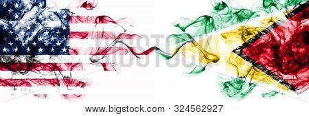 United States Of America Vs Guyana, Guyanese Smoky Mystic Flags Placed Side By Side. Thick Colored S