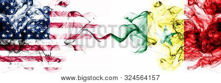 United States Of America Vs Senegal, Senegalese Smoky Mystic Flags Placed Side By Side. Thick Colore