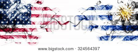 United States Of America Vs Uruguay, Uruguayan Smoky Mystic Flags Placed Side By Side. Thick Colored