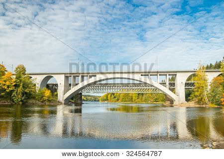 Kouvola, Finland - 25 September, 2019: Autumn Landscape Of Bridge And Kymijoki River Waters In Finla