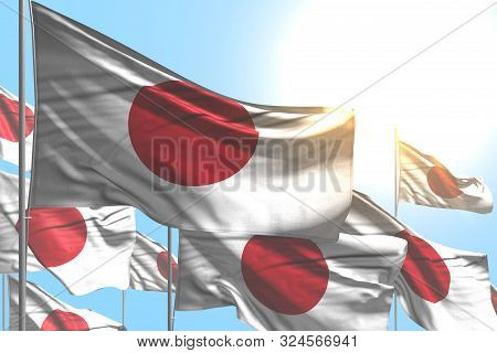 Pretty Many Japan Flags Are Waving On Blue Sky Background - Any Occasion Flag 3d Illustration
