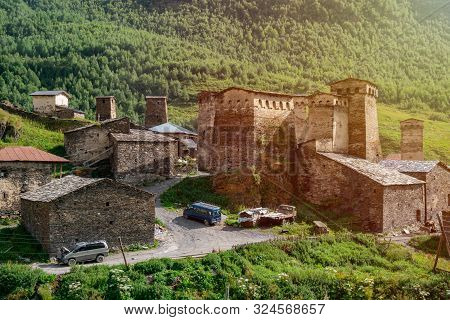 View Of The Ushguli Village At The Foot Of Mt. Shkhara. Picturesque And Gorgeous Scene. Rock Towers