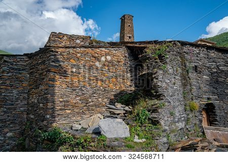 Traditional Ancient Svan Towers In Ushguli Village, Svaneti, Caucasus. Georgia. Travel.
