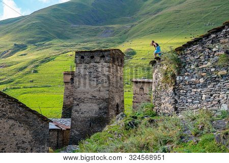 Traditional Ancient Svan Towers In Ushguli Village, Svaneti, Caucasus. Georgia. Travel.