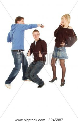 Två roliga killar och en förvånad Tjej