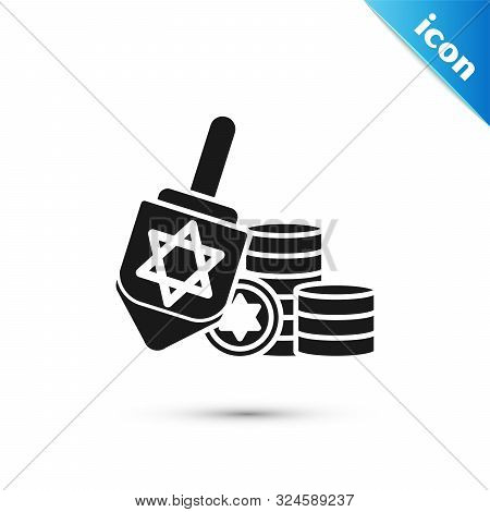Black Hanukkah Dreidel And Coin Icon Isolated On White Background. Vector Illustration