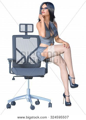 Long-haired Brunette Secretary In White Stocking.