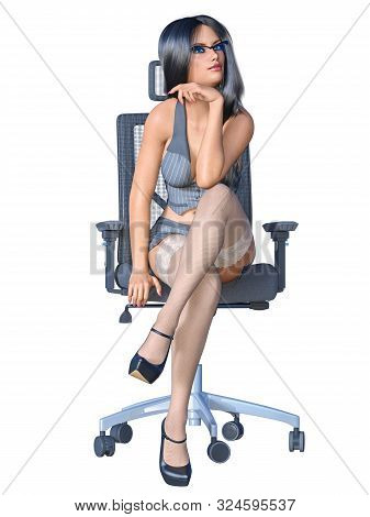 Long-haired Brunette Secretary In White Stocking.