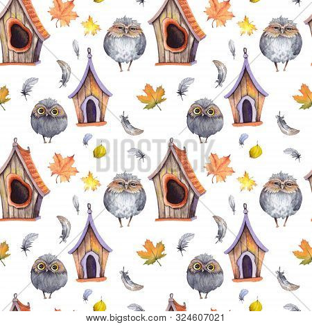 Seamless Pattern With Cute Owls, Birdhouses, Feathers And Colorful Autumn Leaves. Watercolor Illustr