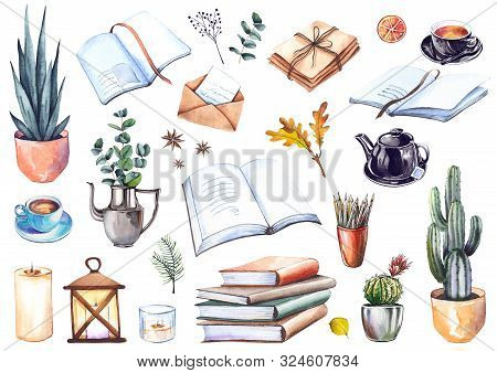 Set Of Books, House Plants, Coffee Cups, Letters, Candles And Leaves. Cozy Home Illustration. Waterc