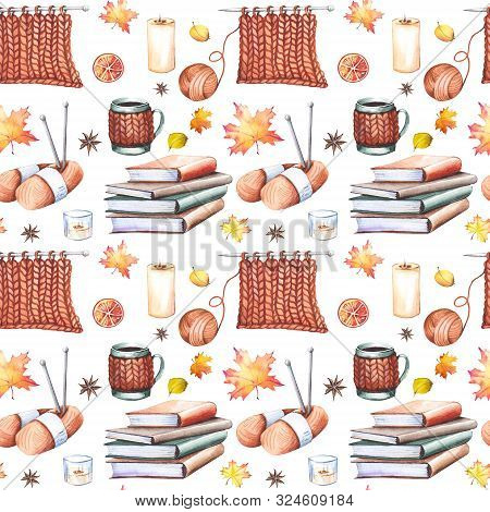 Seamless Pattern With Cozy Home Elements, Coffee, Candles, Books, Knit Yarn And Colorful Autumn Leav