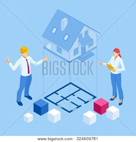 Isometric Architect Builders Studying Layout Plan Of The House, A Civils Engineers Working With Docu
